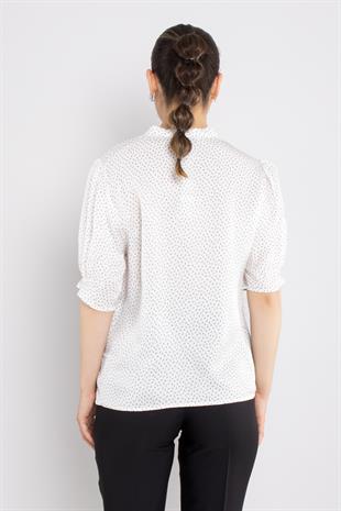 82032 Yaka Bağlamalı Mini Desenli Bluz