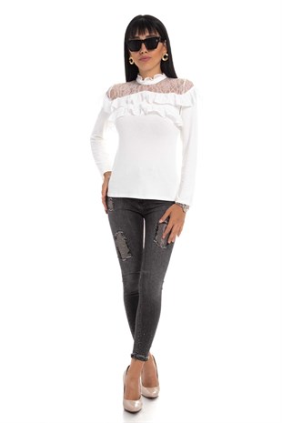 8217 Fırfır Dantel Detay Triko Bluz