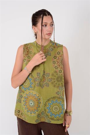 8228 Mandala Desen Sıfır Kol Pamuklu Bluz