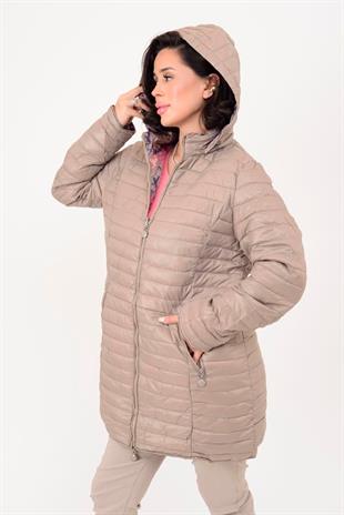 8951 Büyük Beden İçi Çiçek Desenli Çift Taraflı Kapitone Uzun Mont