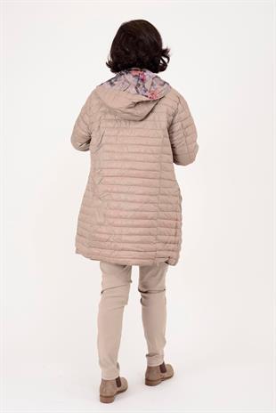 8951 Büyük Beden İçi Çiçek Desenli Çift Taraflı Kapitone Uzun Mont