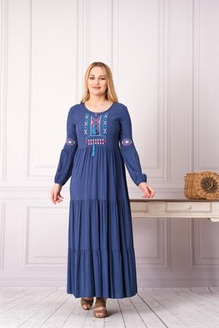 9041 Yaka Nakışlı Kollu Uzun Pamuk Otantik Elbise