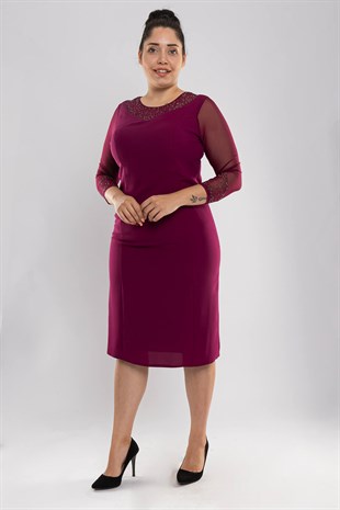 9159 BB Yakası-Kolları Taş İşleme Kısa Elbise