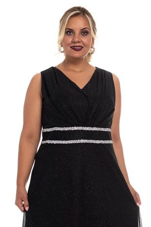 9245 BB Beli Şerit Taşlı Sim Kumaş Uzun Tül Elbise
