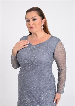 9471 Büyük Beden Kollu Taşlı Pulpayet Nakış Uzun Elbise