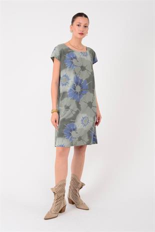 9531 Batik Sarmal Desen Cepli Kısa Kol Keten Elbise