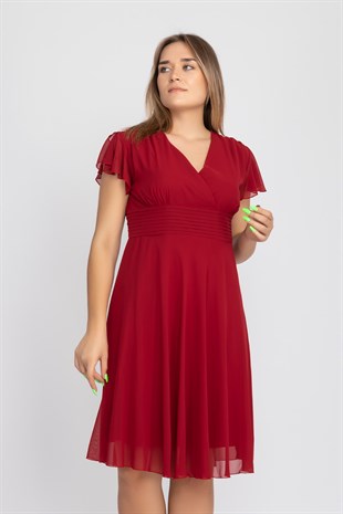 961300 Beli Pileli Kruvaze Yaka Kuşaklı Mendil Kol Şifon Elbise