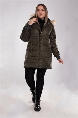 9754 Büyük Beden Kapitone Kapüşonu Kürklü Astarlı Uzun Kadın Mont