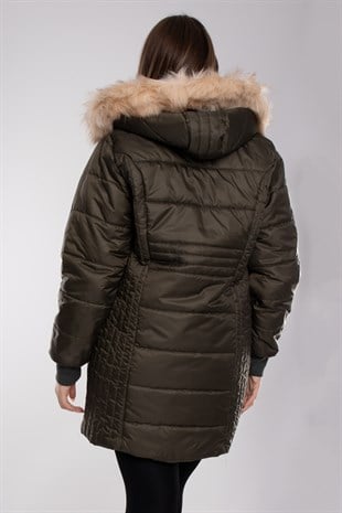 9754 Büyük Beden Kapitone Kapüşonu Kürklü Astarlı Uzun Kadın Mont