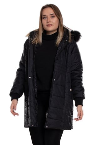 9754 Büyük Beden Kapitone Kapüşonu Kürklü Astarlı Uzun Kadın Mont