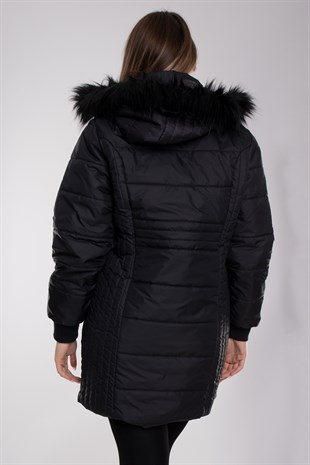 9754 Büyük Beden Kapitone Kapüşonu Kürklü Astarlı Uzun Kadın Mont