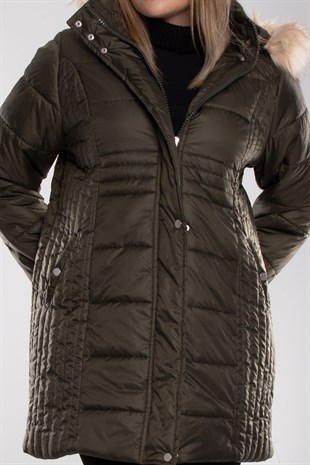 9754 Büyük Beden Kapitone Kapüşonu Kürklü Astarlı Uzun Kadın Mont
