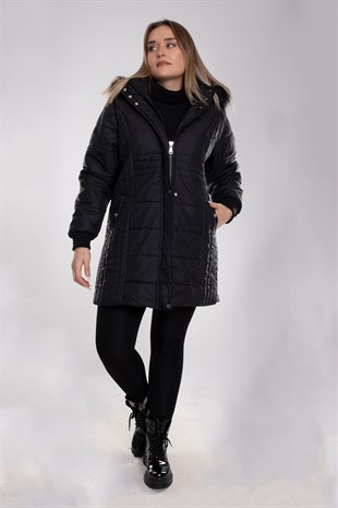 9754 Büyük Beden Kapitone Kapüşonu Kürklü Astarlı Uzun Kadın Mont