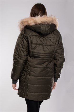 9754 Büyük Beden Kapitone Kapüşonu Kürklü Astarlı Uzun Kadın Mont