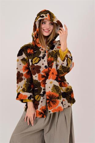 A0026 Yaprak Desen Düğmeli Keçe Kaban