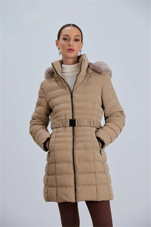 AÇELYA25 Kapüşonlu Kmerli Parlak Uzun Kadın Şişme Mont