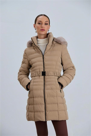 AÇELYA25 Kapüşonlu Kmerli Parlak Uzun Kadın Şişme Mont