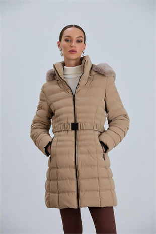 AÇELYA25 Kapüşonlu Kmerli Parlak Uzun Kadın Şişme Mont