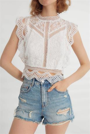 D82030 Sırtı Fermuarlı Kolsuz Dantel Crop Bluz