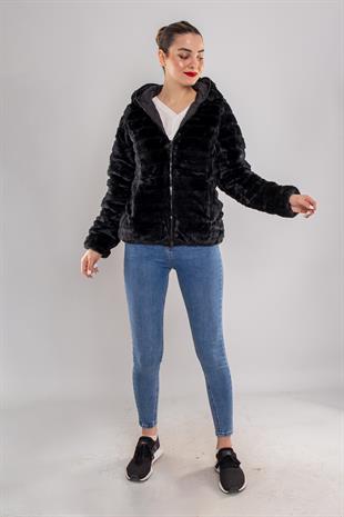 D89325 Slimfit Beli Büzgülü Kapüşonlu İçi Kürklü Şişme Mont