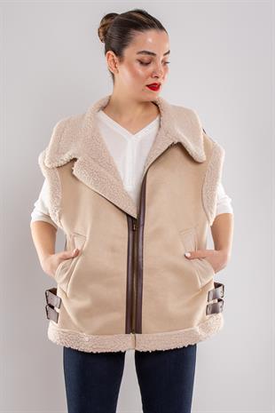D89944 İçi Kürklü Oversize Fermuarlı Yelek