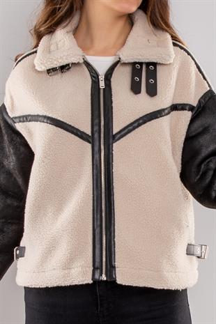 D99143 Peluş Fermuar Detay Mat Suni Deri Kısa Mont