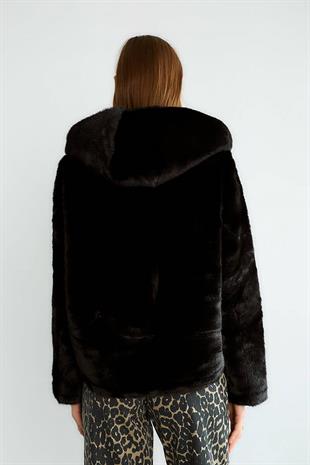 D99680 Kapüşonlu Fermuarlı Peluş Mont