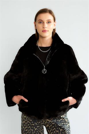 D99680 Kapüşonlu Fermuarlı Peluş Mont