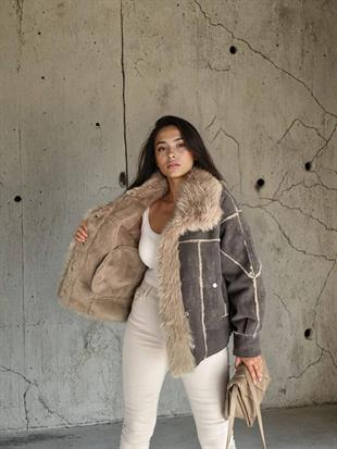 D99867 Çatlak Deri Fermuarlı Kürklü Mont