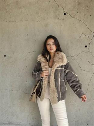 D99867 Çatlak Deri Fermuarlı Kürklü Mont