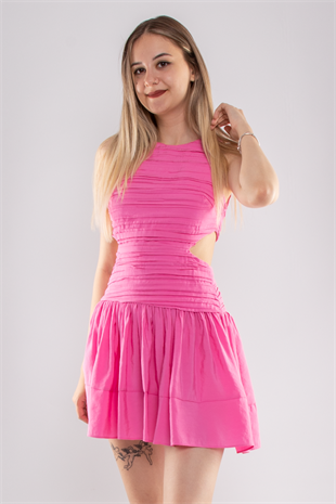 DRS7007 Pilise Düğme Detay Sırtı Açık Drape Mini Elbise