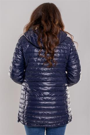 HV959 Slimfit İçi Çiçek Desen Kapüşonlu Eteği Büzgülü Kapitone Mont
