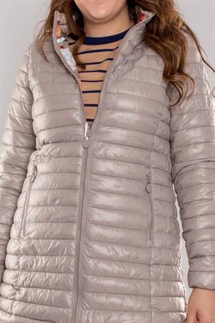 HV959 Slimfit İçi Çiçek Desen Kapüşonlu Eteği Büzgülü Kapitone Mont