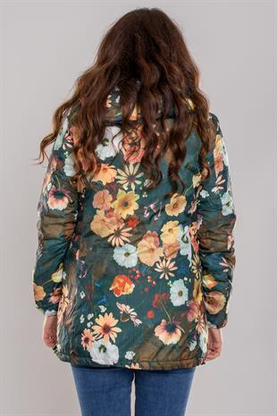 HV959 Slimfit İçi Çiçek Desen Kapüşonlu Eteği Büzgülü Kapitone Mont
