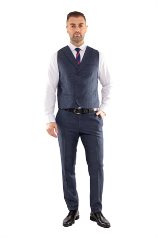 JK35SF02M005 Slimfit 6 Drop Çizgili Keten Yelekli Takım Elbise