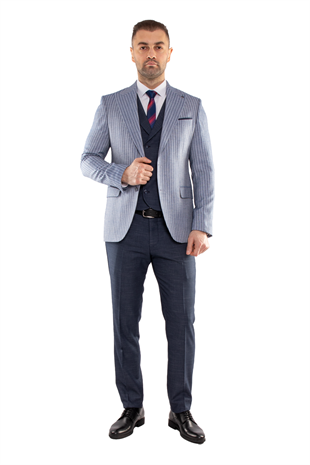 JK35SF02M005 Slimfit 6 Drop Çizgili Keten Yelekli Takım Elbise