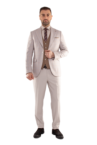 JK35SF02M061 Slimfit 6 Drop Kareli Yelekli Takım Elbise