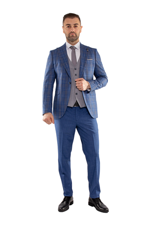 JK36SF02M164 Slimfit 6 Drop Kareli Yelekli Takım Elbise