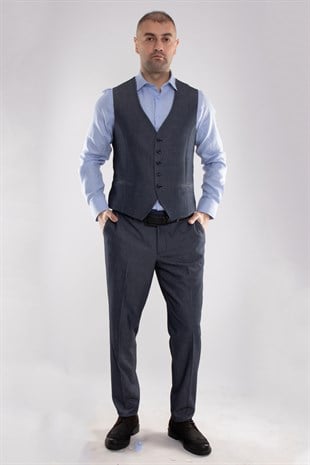 JK38SF02M082 Slimfit 6Drop Kendinden Desenli Yelekli Erkek Takım Elbise