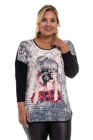JOY310 Fotoğraf Kız Baskılı Pamuklu Bluz