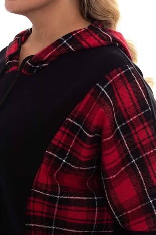 JOY640 Ekose Desen Kapşonlu Tunik