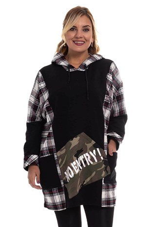 JOY640 Ekose Desen Kapşonlu Tunik