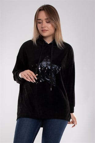 JY147 Yıldız Desen Kadife Kapüşonlu Kadın Sweat