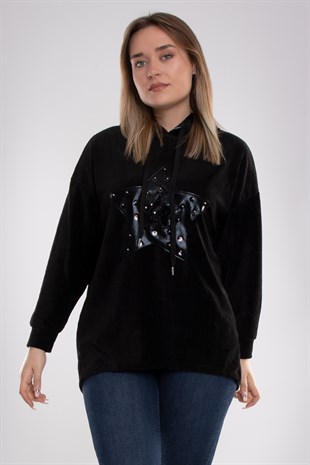 JY147 Yıldız Desen Kadife Kapüşonlu Kadın Sweat