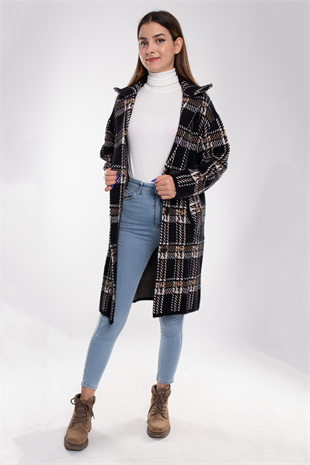 T93721 Kazayağı Desen Triko Uzun Ceket