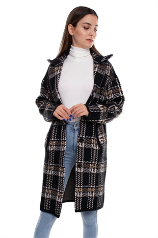 T93721 Kazayağı Desen Triko Uzun Ceket
