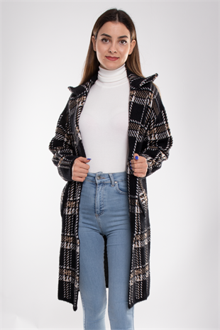 T93721 Kazayağı Desen Triko Uzun Ceket