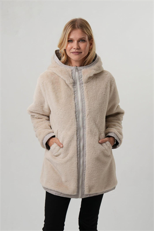 VİOLET Kapüşonlu Bele Bağcıklı İçi Peluş Kürklü Kadın Mont