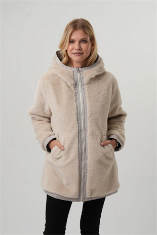 VİOLET Kapüşonlu Bele Bağcıklı İçi Peluş Kürklü Kadın Mont