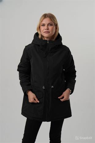 VİOLET Kapüşonlu Bele Bağcıklı İçi Peluş Kürklü Kadın Mont